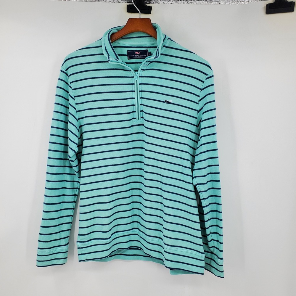 Vineyard Vines Mens M Quarter Zip Pullover Mint Green Blue Striped Preppy Golf